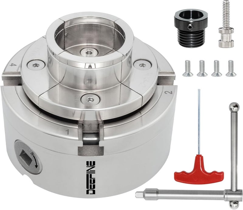 DEEFIINE 4 Inch Wood Lathe Chuck Set 1" x 8TPI Thread & 3/4"x16TPI Adapter, Nickel Plated Self-Centering 4 Jaw Wood Turning Chuck.(1 jaw) - Image 1